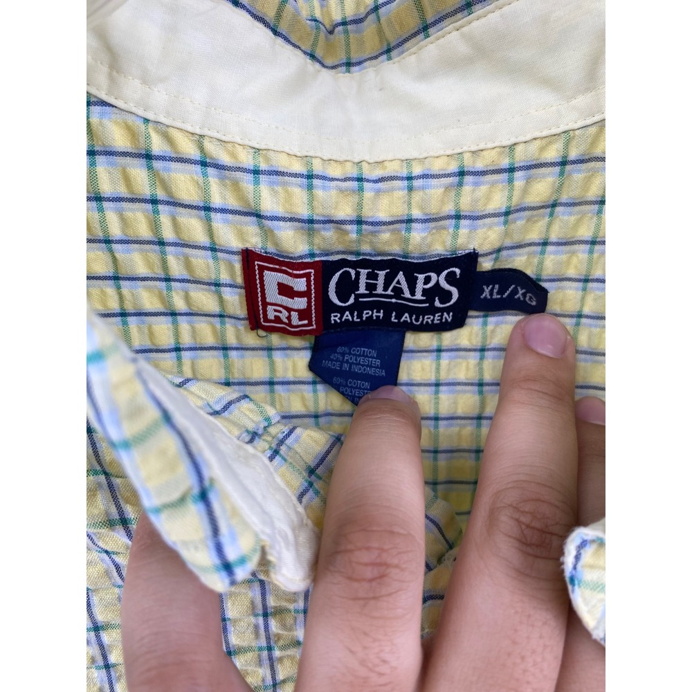 Chaps Ralph Lauren Mens XL Seersucker Plaid SS Button Down Shirt Yellow - Picture 3 of 8